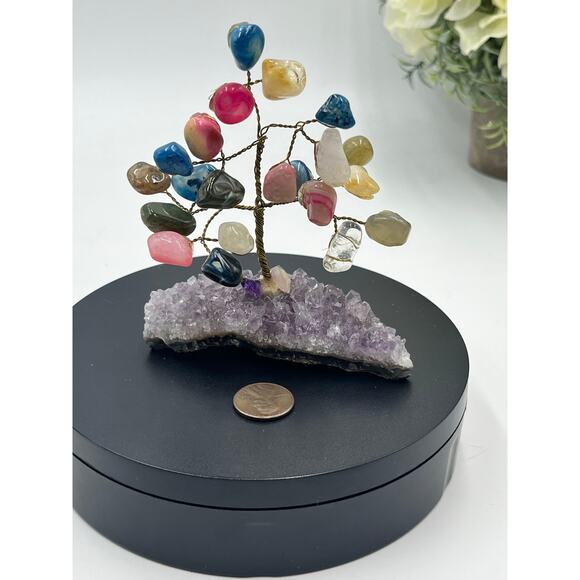 Handmade Multi-Color Gemstone Wire Tree on Amethyst Crystal Base 4.25” Decor - Picture 9 of 13